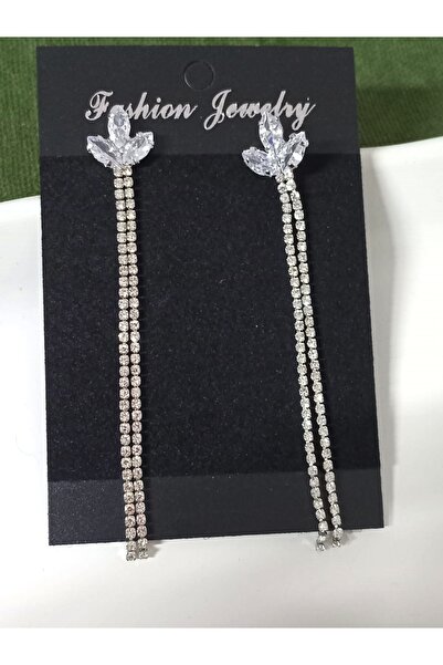 mos&more Gümüş İnce Taşlı Yaprak Uzun Abiye Kadın Küpe