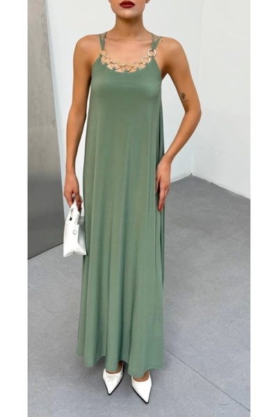 Silerra Women's Shoulder Strap Bird's Eye Chain Detail Sandy Fabric Maxi Size Dress
