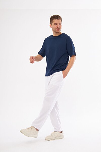 NASIFOĞLU GİYİM White Linen Trousers - Men's, 100% Cotton, Comfortable Elastic Waist, Cool-Keeping Loose Fit