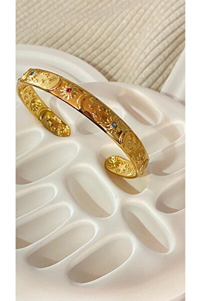 bijoux uniques سوار نسائي من الفولاذ الحجري الملون على شكل قمر وشمس