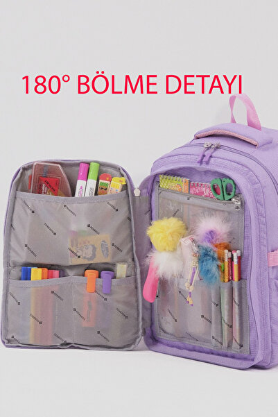 Roxbros Kore Tarzı Kedi Desenli Çok Bölmeli Ilkokul Sırt Çantası, Kız Çocuk Okul Çantası