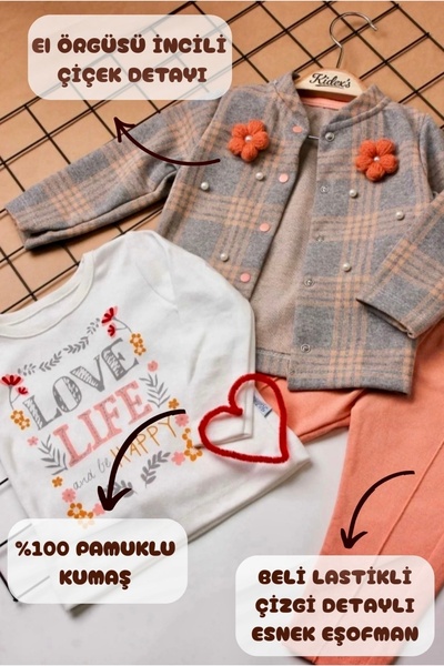 Genel Markalar %100 Pamuklu İncili Çiçekli Ekose Kumaş Kız Bebek Üçlü Takım