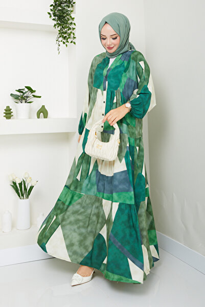 Genel Markalar Kadın Yeşil Desenli Elbise – Düğmeli, Kat Kat, Rahat ve Şık Günlük Kullanıma Uygun