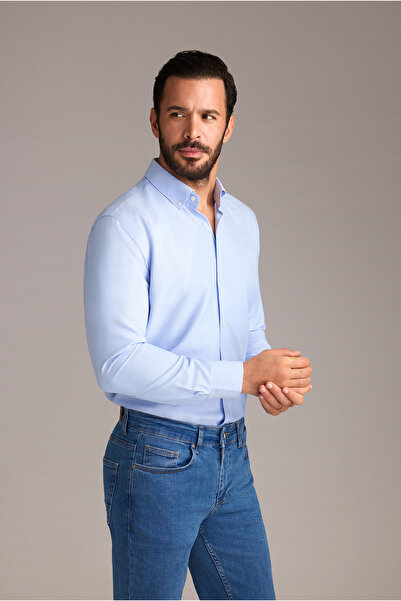 Kiğılı Uzun Kol Slim Fit Düğmeli Yaka Oxford Pamuklu Kolay Ütülenebilir Gömlek