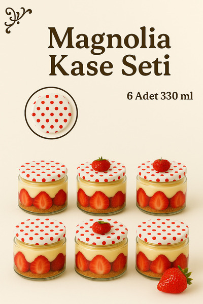 ZenGlow 6'lı Magnolya Bardağı Beyaz Puantiye Kapaklı Cam Magnolia Puding Tatlı Cup seti 330 Cc