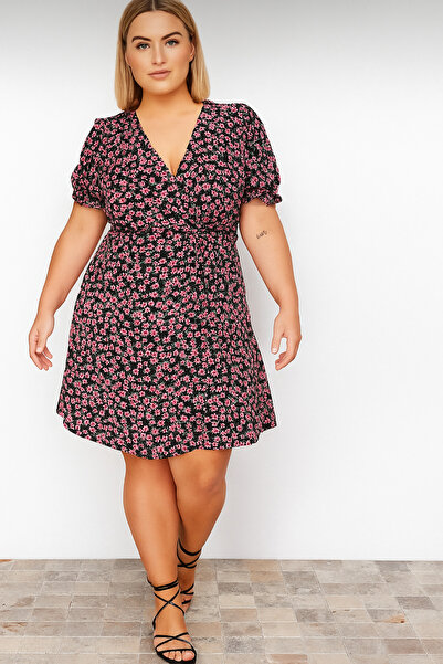 Nokta Curve Plus Size A-Line/Bell Flower Print Short Dress Double Breasted Collar