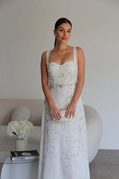 Julidress Rochie din in, cu bretele, decolteu fara bretele, cu model, cu centura din metal auriu, lungime midi, design premium