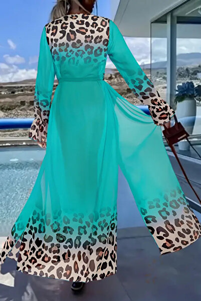 Nana & Mayka Moda Women's Turquoise Chiffon Long Beach Kimono – Belted, Lightweight Pareo Dress, Open Front