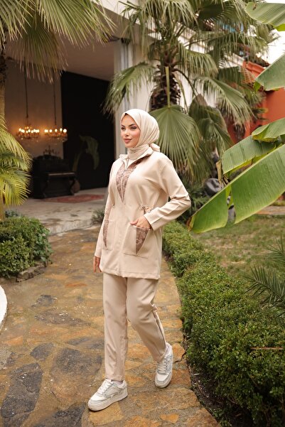 MİMİ Luxury Wear Σετ αθλητικής φόρμας Hijab Σετ Κάτω Τοπ Σετ Διπλό - Τούλι με πέτρα