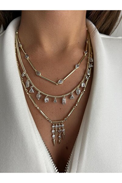 ZENA ACCESSORİES 14K Altın Kaplama Taş Geçişli Ucu Çivi Sallantılı Kolye