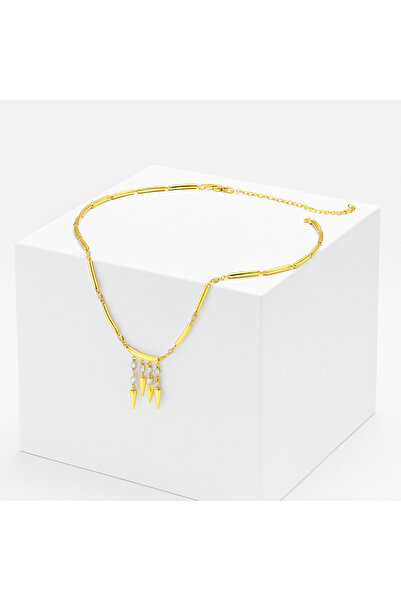 ZENA ACCESSORİES 14K Altın Kaplama Taş Geçişli Ucu Çivi Sallantılı Kolye