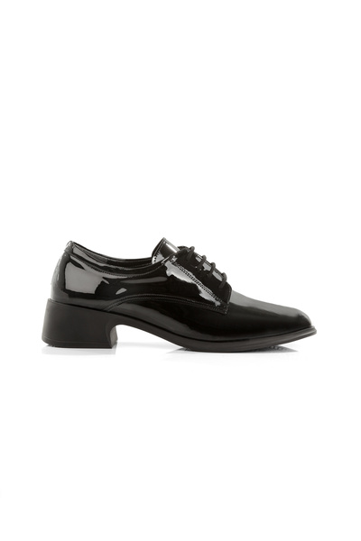Hanımsoller Women's Short Heeled Lace-Up Oxford Black Patent Leather Classic Vintage Shoes