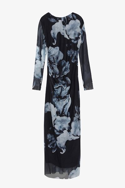 Quzu Rochie din tul cu model de flori în acuarelă bleumarin