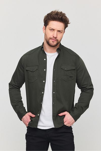 YXC Trend Maker Ανδρικό πουκάμισο από βαμβακερό τζιν σκούρο χακί Slim Fit Slim Fit