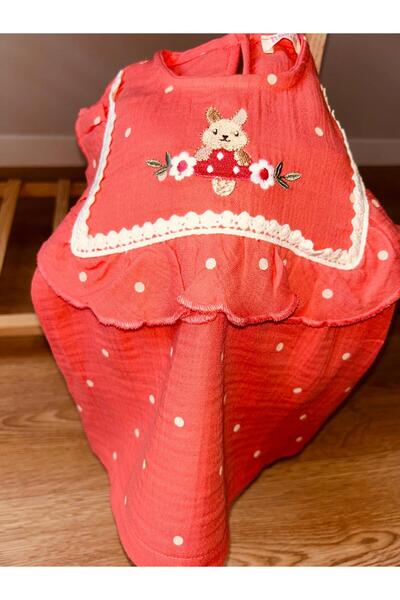 Necix Kırmızı Bisiklet Yaka Uzun Kollu 0-2 yaş Nakış desenli Kız Elbise