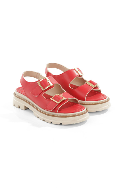 EYLÜLDEN MODA SHOES Women's Merlin Red Skin Double Strap Vardola Detailed Sandals