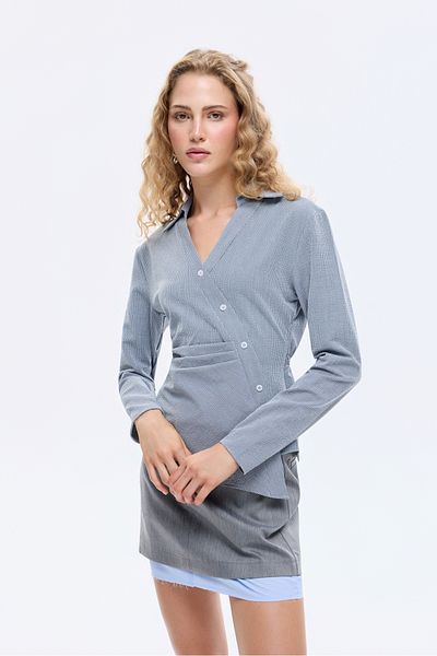 Quzu Asymmetric Buttoned Draped Shirt Collar Blouse Gray