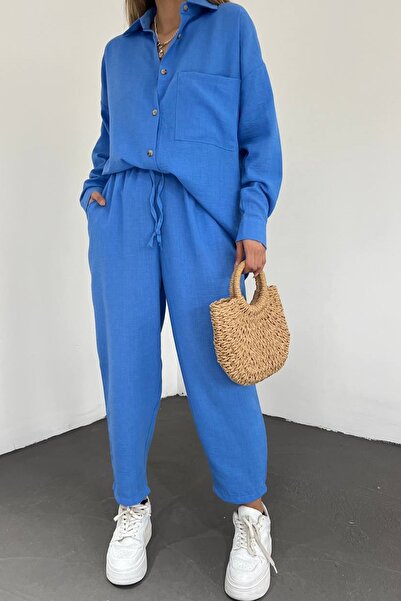 lovebox Set de cămașă și pantaloni cu buzunare din țesătură de in pentru femei, supradimensionat, dublu, albastru 10277