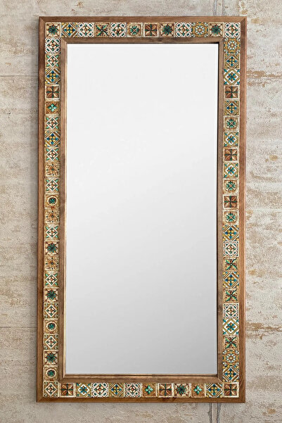 Oscar Stone Decor Masif Ahşap Çerçeveli Mozaik Taş (mermer) Ayna Seramik Çini Desenli Konsol Dresuar Balkon Aynası