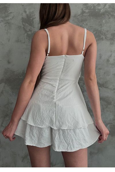 vuvutasarım White Aerobin Fabric Degaje Collar Skirt Flounces Design Strappy Jumpsuit 7034