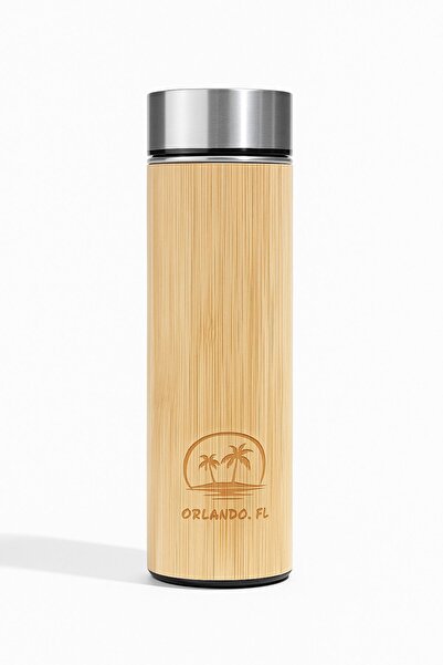 Generic Thermal mug with wooden lid and elegant bamboo design - steel interior - keeps hot for 8 hours and cold for 24 hours