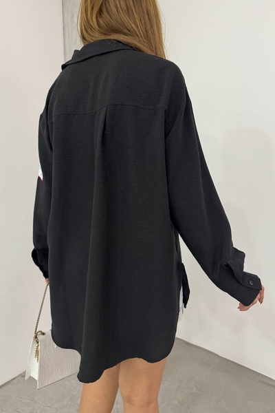 lovebox Women's Cotton Fabric Emblem Design Oversize Black Shirt 12200