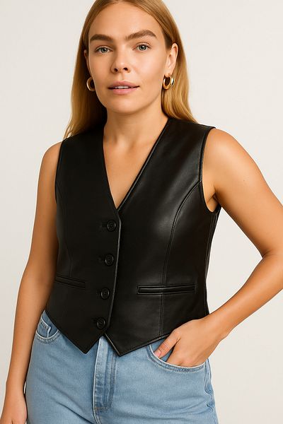Deriderim Genuine Leather Black Women's Vest