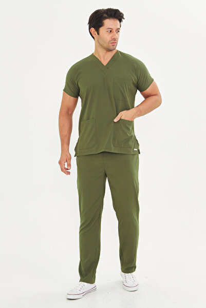 TIPMOD Unisex Yarasa Kol Likralı Doktor / Hemşire Forması Haki Yeşili / Scrubs