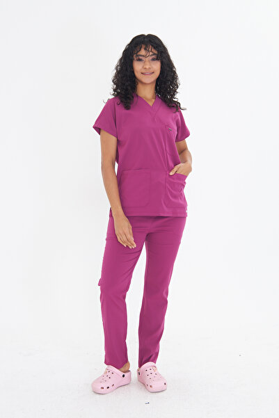 TIPMOD Unisex Yarasa Kol Likralı Doktor / Hemşire Forması Macenta Takım/ Scrubs