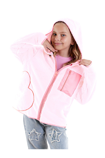 Denokids Girl's Pink Plush Coat with Heart Pocket