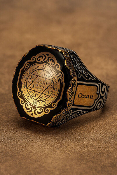 OSMANLI GÜMÜŞ İsim Yazılabilir Kehribar Taşı Hz Süleyman Mührü İşlemeli Erkek...