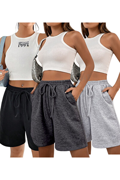NAKRUF Kadın Şort 3’lü Set – Siyah Gri Füme – Yazlık Rahat Regular Fit