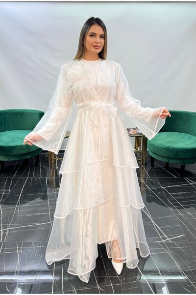 White Corner 3254 KAT KAT ETEK DETAYLI ORGANZE ABAYA