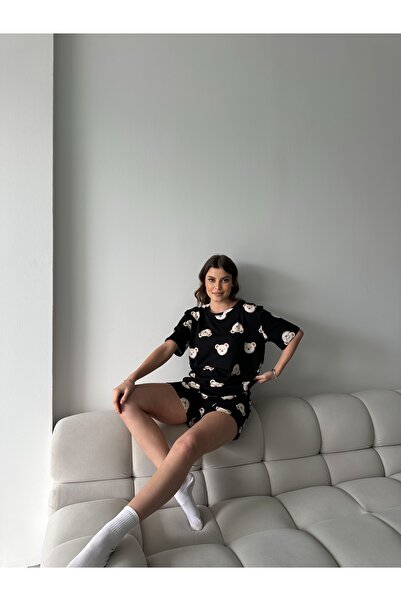 LETS BASIC Σετ πιτζάμες με μαύρο αρκουδάκι με σχέδιο για γυναίκες – Άνετα και χαριτωμένα ρούχα για το σπίτι