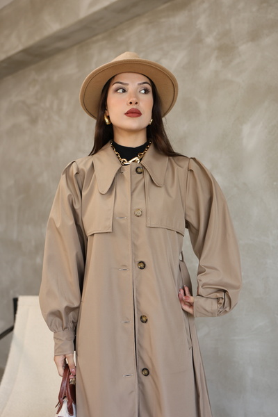 QUBERZ Women's Balloon Sleeve Rezort Collar Belted Long Trench Coat - Black / Navy Blue / Mink / Beige / Khaki