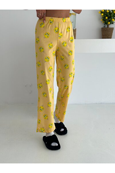 LETS BASIC Tweety Baskılı Sarı Kadın Pijama Takımı – Pamuklu Rahat Ev Giyim