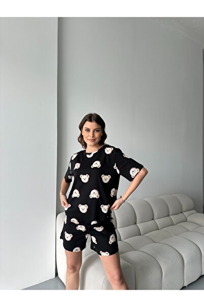 LETS BASIC Σετ πιτζάμες με μαύρο αρκουδάκι με σχέδιο για γυναίκες – Άνετα και χαριτωμένα ρούχα για το σπίτι