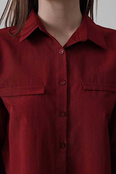VAGGON Women's Red Pocket Detailed Oversize Shirt Vs00403