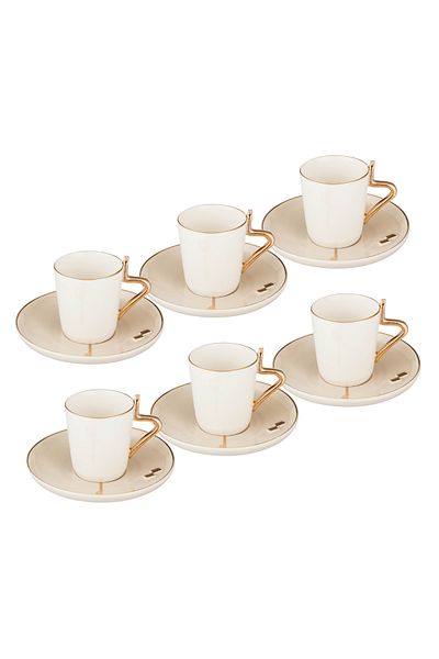 Dania Turkish coffee cup set made of porcelain with a beautiful and elegant engraving, consisting of 6 cups and 6 porcelain saucers