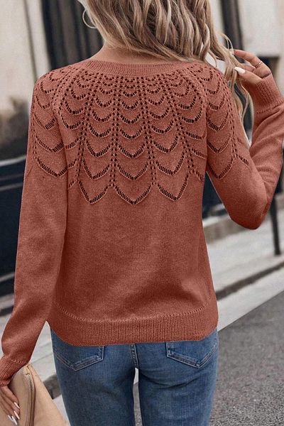 TRQOM Women's Openwork Patterned Crew Neck Casual Long Sleeve Knitwear Sweater Cinnamon