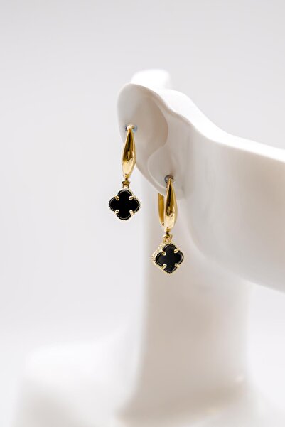 ERMİRGOLD Çift Taraflı Oniks Taşlı Yonca Figürlü Sallantılı Küpe 14 Ayar Altı...