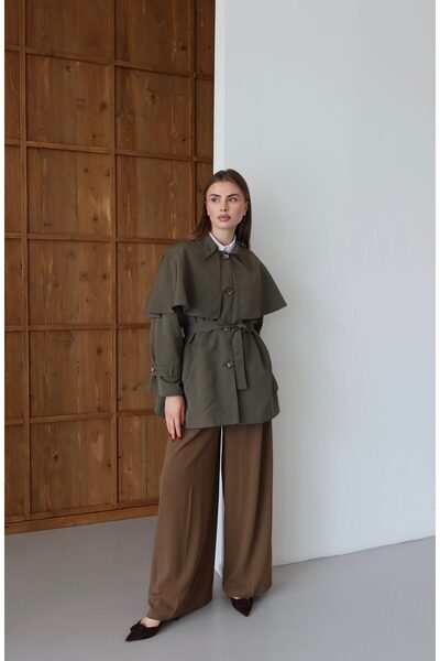 Melvien Haki Kemerli Premium Trençkot (Oversize Kalıp)