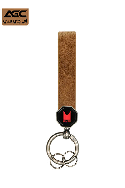 AGC ISUZU Keychain Brown Leather Strap with Metal Ring, 360° Rotation, Durabl...
