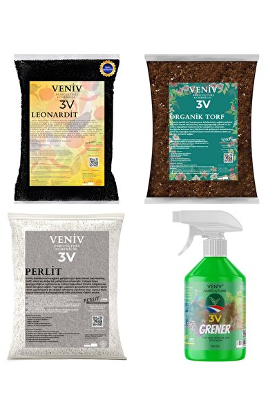 VENİV AGRİCULTURE 3V Bitki Bakım Yetiştirme Seti-Torf(2L)-Leonardit(2L)-Perlit(2L)-Greener Yeşil Bitkiler için 500 ML