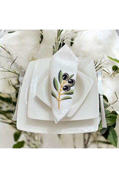 DESİGNBYASYAA 6'Lı İşlemeli Gardenya Kumaş Nakışlı Sofra Peçetesi Zeytin Dalı...