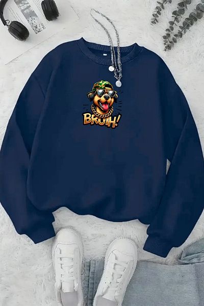 Sweetline Unisex Navy Blue Bruh Printed Crew Neck Sweatshirt - Winter Embossed Fabric