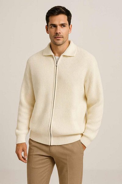 Valiberta Copolla Thessaloniki Knitted Polo Collar Pocket Zippered Comfortable Fit Men's Knitwear Cardigan - Ecru