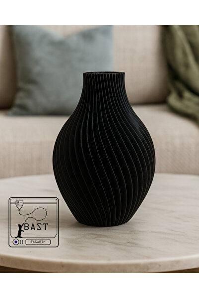 can mats Bast Tasarım Terra 3D İnce Kanallı Siyah Vazo – 18 cm Modern Salon M...