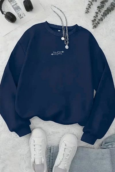 Sweetline Unisex Navy Blue Travel Printed Crew Neck Sweatshirt - Winter Embossed Fabric