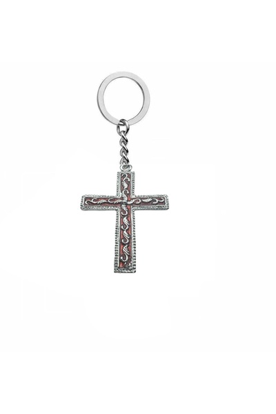 Herşey Nota Antique Embroidered Cross Figured Metal Keychain with Red Detail – Unisex Gothic & Vintage Accessory